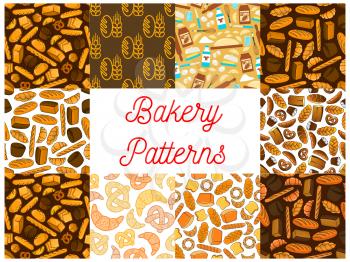 Bakery and baking seamless backgrounds. Wallpapers with vector icons of bread, croissant, bread, baguette, muffin, bun, loaf, pretzel, bagel, pie, flour dough cake cupcake milk whisk milk bottle