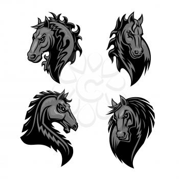 Furious powerful horse head emblem with thorny prickly mane. Stylized heraldic icons of raging stallion. Black mustang symbol for sport club, team badge, label, tattoo