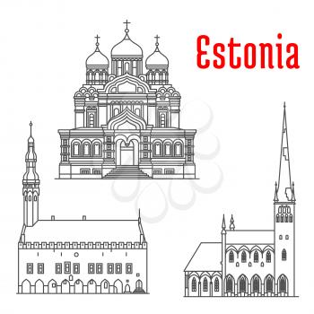 Estonia historic architecture landmarks, sightseeings, famous showplaces. Alexander Nevsky Cathedral, Tallinn Town Hall, St Olaf church. Vector thin line icons of for souvenir decoration elements