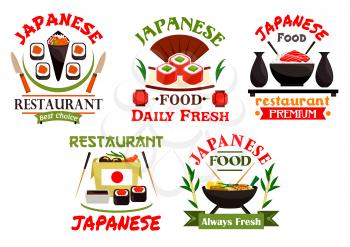 Japanese food restaurant emblems. Sushi, rolls, seafood wok, salmon, sashimi, wasabi, steamed rice, bamboo chopsticks, tea, soy sauce. Oriental cuisine label for menu card signboard leaflet flyer
