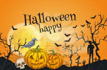 Happy Halloween orange greeting card template. Traditional october celebration decoration banner, poster with vector Halloween symbols of pumpkin lantern, skull, undead zombie walking on cemetery