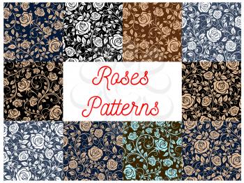 Roses seamless floral pattern backgrounds. Luxurious wallpapers with flowery rose plants ornaments