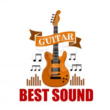 Guitar. Best sound musical emblem with vector icon of classic guitar, music notes and sound graphic equalizer