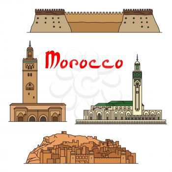 Morocco historic landmarks and sightseeings. Vector detailed architecture icons of Koutoubia Mosque, Ait Ben Haddou, Hassan II Mosque, Agadir Kasbah fortress for souvenir decoration