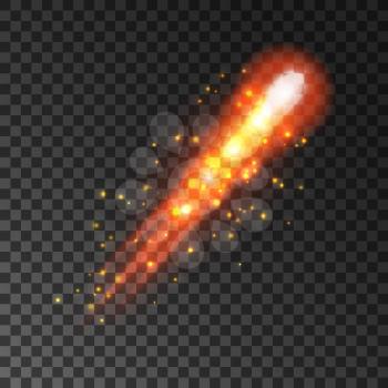Red glittering comet tail. Fire light sparks. Shining firework trace with glitter particles on transparent background