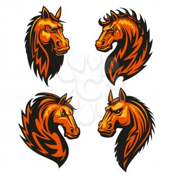 Horse head in fire shape with thorny prickly mane. Stylized heraldic emblems of furious flaming stallion for sport club, team badge, label, tattoo