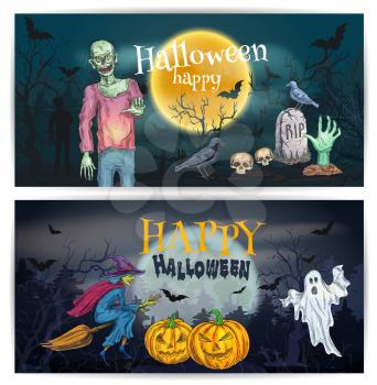 Spooky halloween pumpkin lantern, walking zombie, flying ghost, witch broom, night grave with undead hand. Scary comic design for Happy Halloween holiday greeting cards, posters, banners, decorations