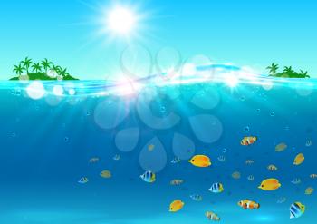 Summer vacation banner. Ocean with tropical palm island, shining sun, water waves, bright color fishes. Background for travel agency advertisement, greeting card, hotel, resort placard