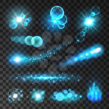 Neon blue sparkling glitter and bokeh lights. Sparkling comet tails. Shining light particles traces with lens flare effect. Burning fire flame on transparent background