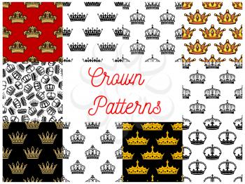 Seamless vector patterns of golden crown. Royal, heraldic, imperial, vintage, retro monarch regal symbols