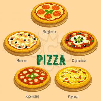 Pizza sorts. Italian cuisine menu card. Vector icons of pizza types Margherita, Marinara, Capricciosa, Napoletana, Pugliese for restaurant, pizzeria banner, placard