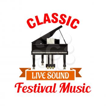 Piano. Classic music festival emblem with vector icon of classic black piano and orange ribbon