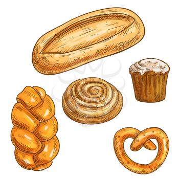 Bread sorts and bakery products icons. Vector pencil sketch ciabatta bread, cinnamon roll, muffin, baguette bagel, pretzel
