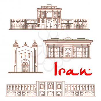 Iran vector thin line icons of Ali Qapu Palace, Saint Sarkis Cathedral, Chehel Sotoun, Si-o-seh pol bridge. Historic architecture buildings, landmarks sightseeings, showplaces symbols for print, souve