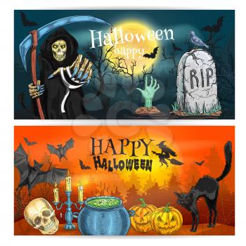 Happy Halloween decoration banners. Halloween pumpkin, full moon sky over grave. Vector sketch death reaper in robe with scythe, witch on flying magic broom, black cat and potion cauldron. Halloween c