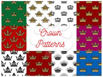 Crowns seamless patterns. Vector pattern of golden, royal, heraldic, imperial, vintage, retro monarch regal crown symbols