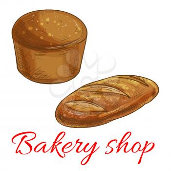 Bread icons for bakery shop. Vector pencil sketch of round rye bread and wheat bread loaf