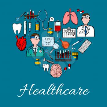 Medical placard background in heart shape. Vector symbols and icons of health care equipment and therapy. Doctor, lungs, tooth, heart, brain, dropper, thermometer, syringe, pills stethoscope