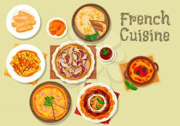 French cuisine dessert and pie icon with onion pie, meat pie with ham, pancake with orange sauce, apricot cake, creme brulee with berries, almond hard biscuit, stuffed whole cabbage with meat