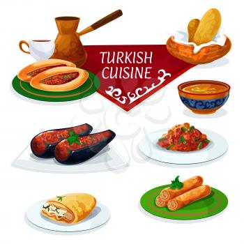 Turkish cuisine traditional dishes icon with vegetable and meat pie, bread, turkish coffee cup and pot, stuffed eggplant, bean stew, feta rolls, phyllo pastry with cheese filling, lentil soup