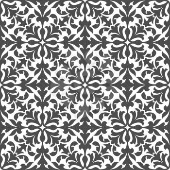 Damask floral seamless pattern with gray arabesque ornament of scrolling and interlacing leaves on white background. Tile and fabric print, interior design