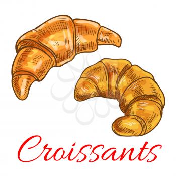 French croissant icon with sketch of freshly baked pastry dessert. Cafe, bakery shop, restaurant menu design
