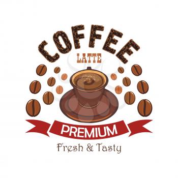 Premium coffee cartoon badge with cup of latte with steamed milk and cacao powder, encircled by coffee beans and red ribbon banner. Cafe and restaurant menu design