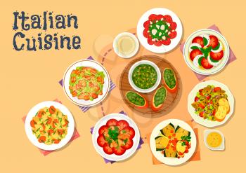 Italian cuisine icon of healthy dinner dishes with caesar salad, salmon pasta salad, basil pesto, tomato mozzarella salad, beef carpaccio, chicken mushroom salad, baked artichoke, eggplant stew