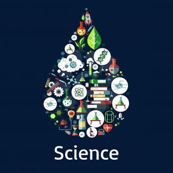 Science symbols in a shape of a drop with microscope, book, laboratory test tube, DNA, atom, molecule, heart, rocket, human and plant cell, idea light bulb, hourglass flat icons