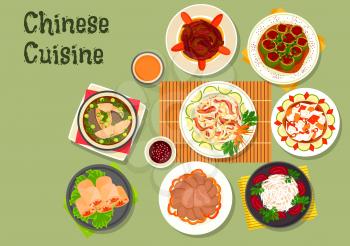 Chinese cuisine icon with rice noodle salad with beef and radish, shrimp spring rolls, beef tongue, daikon salad, spicy chinese cabbage, fish soup, stuffed cucumber with pork, eggplant stew