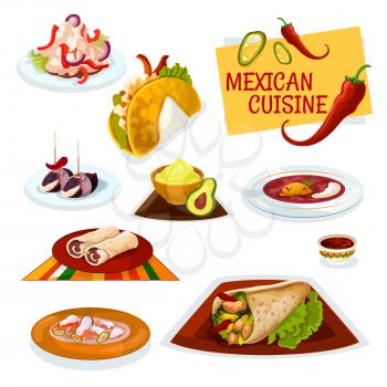 Mexican cuisine cartoon icon with taco, burrito and beef tortilla roll, bacon tapas, avocado guacamole and hot tomato salsa sauces, spicy chilly bean soup, chicken salad and fish soup