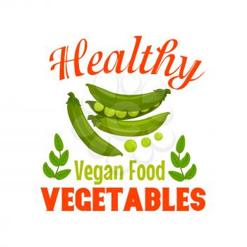 Sweet green pea vegetable symbol with fresh pea pods, grains and leaves, framed by header Healthy Vegan Food. Cartoon veggies badge for organic farm, food packaging design
