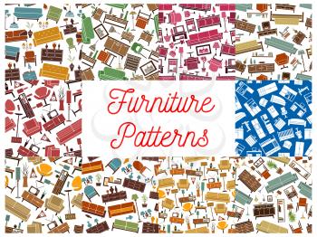 Home furniture seamless pattern backgrounds set of living room interior with sofa, chair, armchair, cabinet, bed, chest of drawers, tv set on stand, lamp. Home interior or furnishing themes design