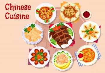 Chinese cuisine meat dishes icon with peking duck, fried wonton, egg roll stuffed pork, sweet and sour pork, ginger chicken, beef coin patty, fried liver, chicken in melon