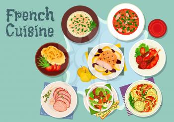 French cuisine icon with vegetable stew ratatouille, lamb ribs, potato cheese casserole, lamb stew with bacon, chateaubriand steak, beef stew, baked pork with fruits, beef kidneys fricassee