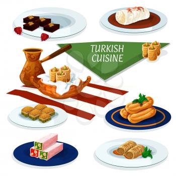 Turkish and ottoman cuisine desserts with coffee cartoon icon of nut and honey nougat, pistachio baklava, chocolate cake with walnut, fried cake with syrup, feta rolls, chicken pudding