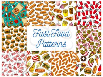 Fast food dishes menu with drinks and desserts seamless patterns set of hamburger, pizza, hot dog, soda and coffee drinks, french fries, ice cream cone and popcorn