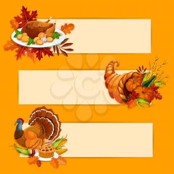 Thanksgiving Day banners with copy space template for greeting text. Vector decoration elements of thanksgiving october celebration roasted turkey on plate, cornucopia with vegetables harvest, meat pi