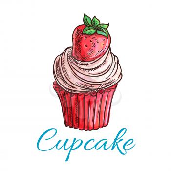 Strawberry cupcake or muffin sketch, decorated with pink berry cream and fresh strawberry fruit. Pastry and bakery shop, cafe menu, breakfast dessert design
