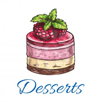 Fruit dessert or berry cake sketch icon with chocolate biscuit and sponge cake base, fruit cream filling and top with raspberry and berry jelly. Dessert recipe, pastry shop and cafe menu design