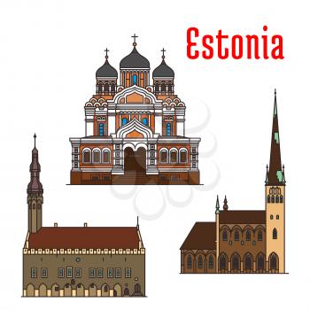 Estonia famous historic architecture. Vector detailed icons of Alexander Nevsky Cathedral, Tallinn Town Hall, Saint Olaf church. Landmarks for souvenir decoration elements