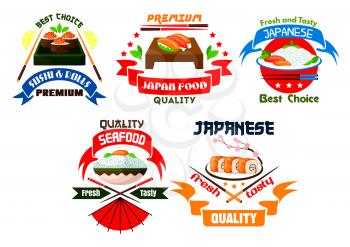 Japanese food restaurant emblems. Sushi rolls, salmon sashimi, steamed rice, red caviar, seafood, wasabi, bamboo chopsticks, soy sauce. Oriental cuisine label for menu card, signboard