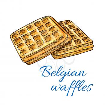 Belgian waffles sketch icon. Patisserie shop emblem. Vector sweet wafers. Template for cafe menu card, cafeteria signboard, bakery label