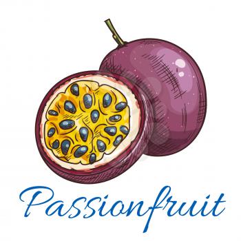 Passion fruit vector color sketch icon. Isolated whole and half cut passionfruit. Maracuja fruit product emblem for juice or jam label, sticker, farm store design element