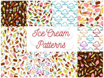 Ice cream seamless patterns. Vector pattern of dessert ice cream scoop in waffle cone, eskimo pie, slushy, frozen ice, sorbet, gelato, sundae for cafe or restaurant menu, decoration