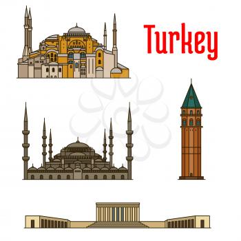 Turkey historic architecture buildings. Vector detailed icons of Hagia Sophia, Galata Tower, Sultan Ahmed Mosque, Anitkabir for souvenir decoration elements