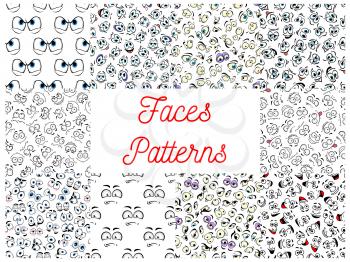 Human faces patterns. Vector pattern of cartoon emoticon faces with expressions. Cute emoji eyes smiling, happy, upset, surprised, skeptical, sad, angry, mad, stupid, crying, shocked comic silly scare