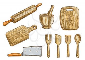 Kitchen cooking tools. Kitchenware appliances and utensils. Isolated wooden rolling pin, cutting board, hatchet, mortar with pounder, spatula, fork, ladle. Vector sketch isolated elements