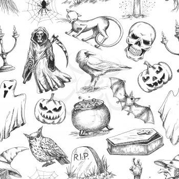 Halloween holiday pattern. Vector seamless pattern of halloween death reaper, spooky ghost, black cat, bat, skeleton skull, witch cauldron, coffin, tomb. Decoration background for halloween decoration