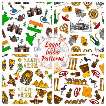 Egypt and India culture seamless patterns. Vector pattern of Pyramids, Nefertiti, eye of Horus, Tutankhamun pharao, scarab, map, cuneiform, Amon Ra, Taj Mahal, Ganesha elephant, Hamsa hand amulet, dha